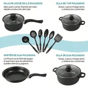 13 Piece Nonstick Kitchenware Set Induction Pots and Spoons Kit, Black Frying